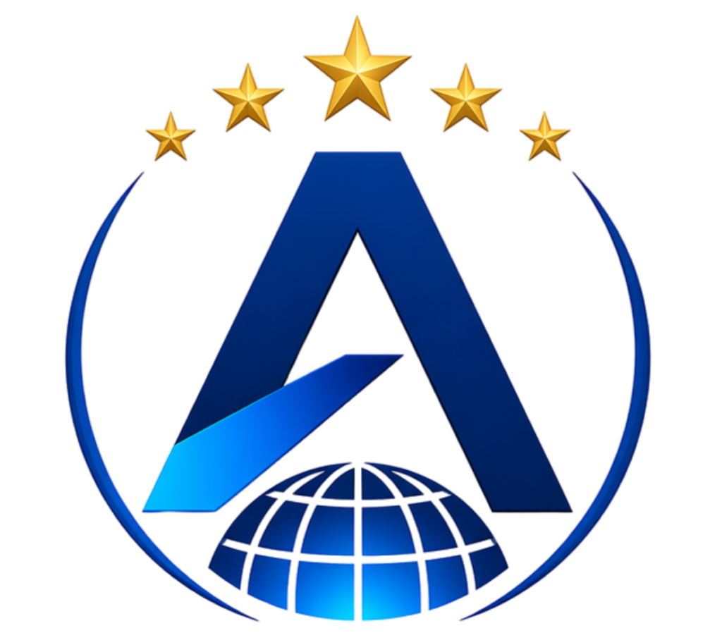 The AITU logo, A crest that features a globe with the letter A above it. 5 stars sit above the A.