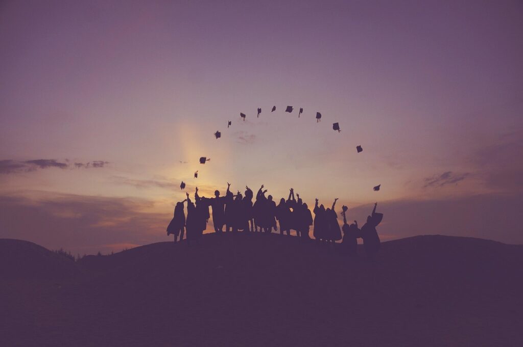 dawn, graduates, nature, throwing hats, dusk, people, silhouette, students, success, sunrise, sunset