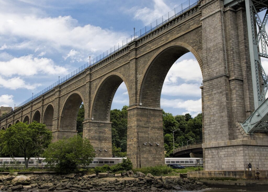 bridge, river, train, foilage, city, new york, nyc, architecture, landmark, travel, cityscape, skyline, urban, cars