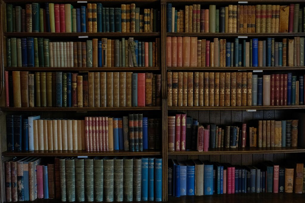 A collection of old, colorful books neatly stacked on wooden shelves in a library setting.