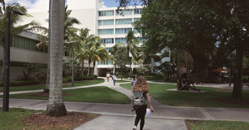 A vibrant university campus scene in Coral Gables, Florida showcasing college life on a sunny day.