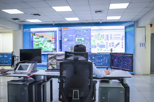 Scholarships Operator in a modern control room managing technological systems in El Agustino, Lima.