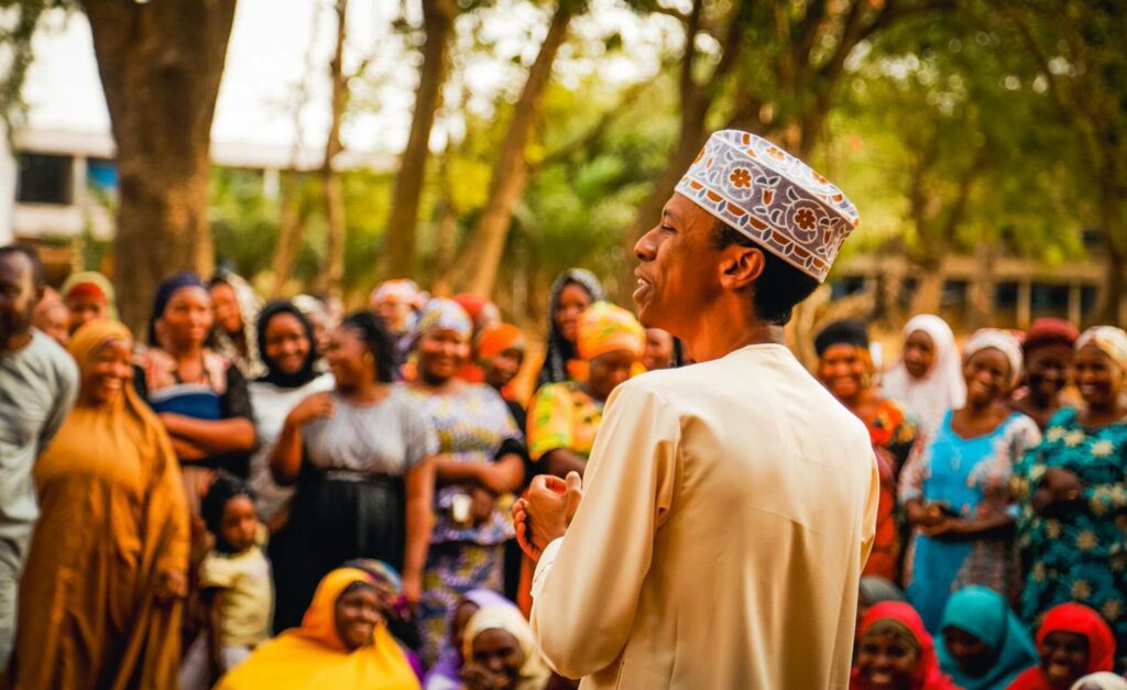 A vibrant outdoor gathering in Kaduna, Nigeria showcasing community engagement and leadership.