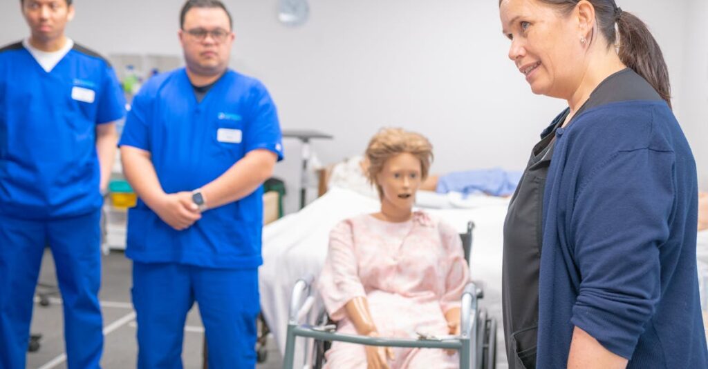 Nursing students and an instructor engage in a realistic clinical training using a medical mannequin.