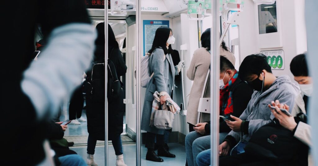 People wearing masks on Shanghai subway, reflecting urban life during pandemic times.