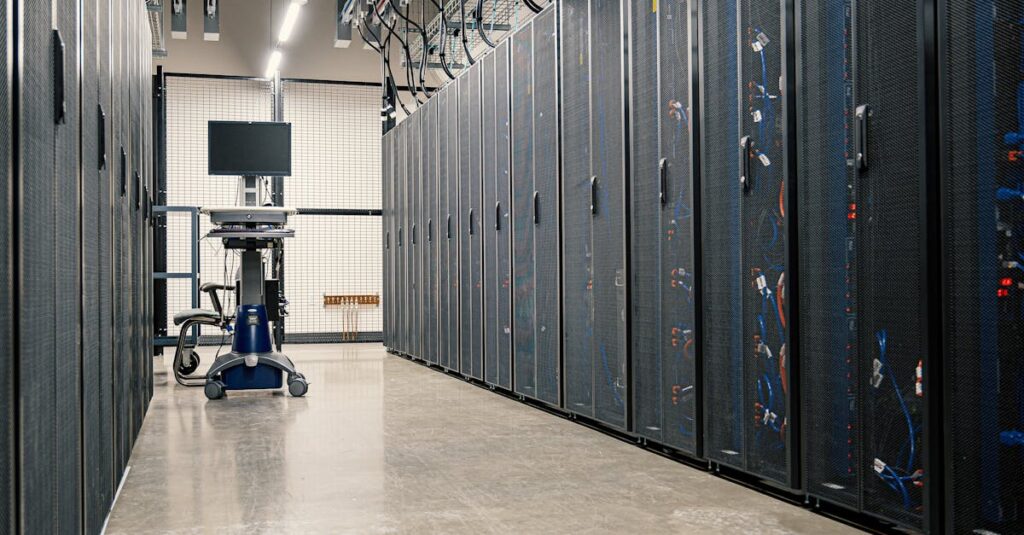 Master's Degrees Steel framework cabinets housing servers networking devices and cables in contemporary equipped data center