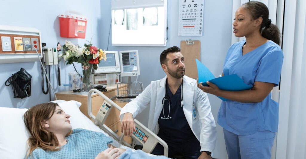Doctors and nurse discussing patient