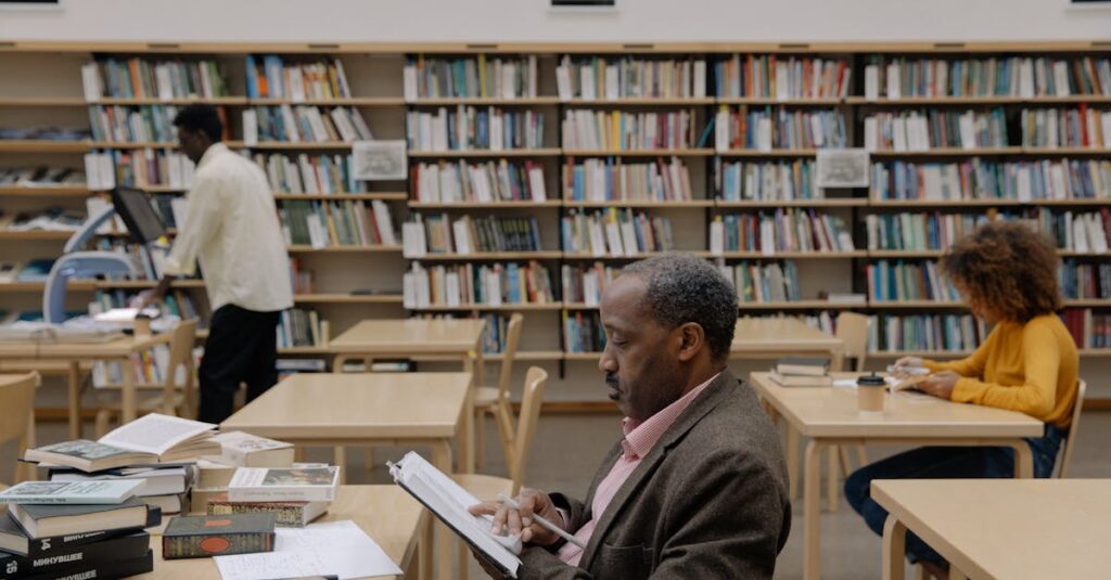 Adults reading and studying in a bright, modern library with a focus on education and diversity.