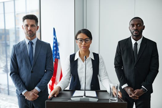 Scholarships Diverse group of politicians in suits at a podium with American flag indoors.