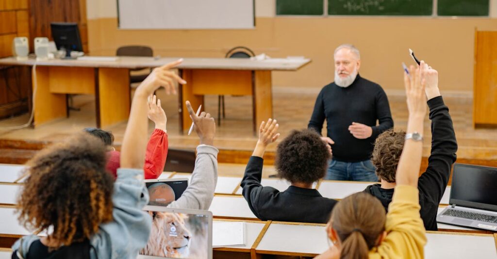 Students actively participate in a university lecture, raising hands and discussing topics.
